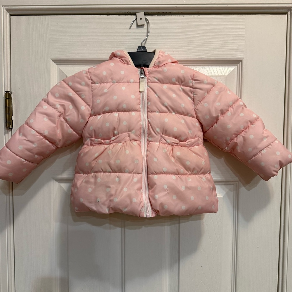Pink Polka Dot Puffer Jacket with Hood | Size 2T | Winter Outdoor Warm and Cozy